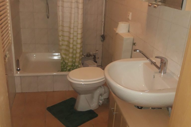 Bad Kleines Badezimmer mit Dusche, Toilette und Waschbecken auf Fliesenboden.